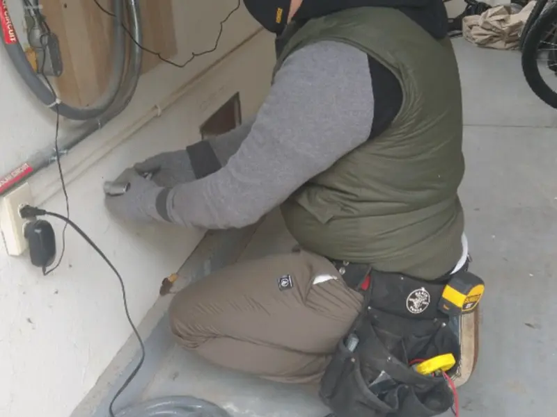 Electrician performing outlet wiring in a Raymore garage